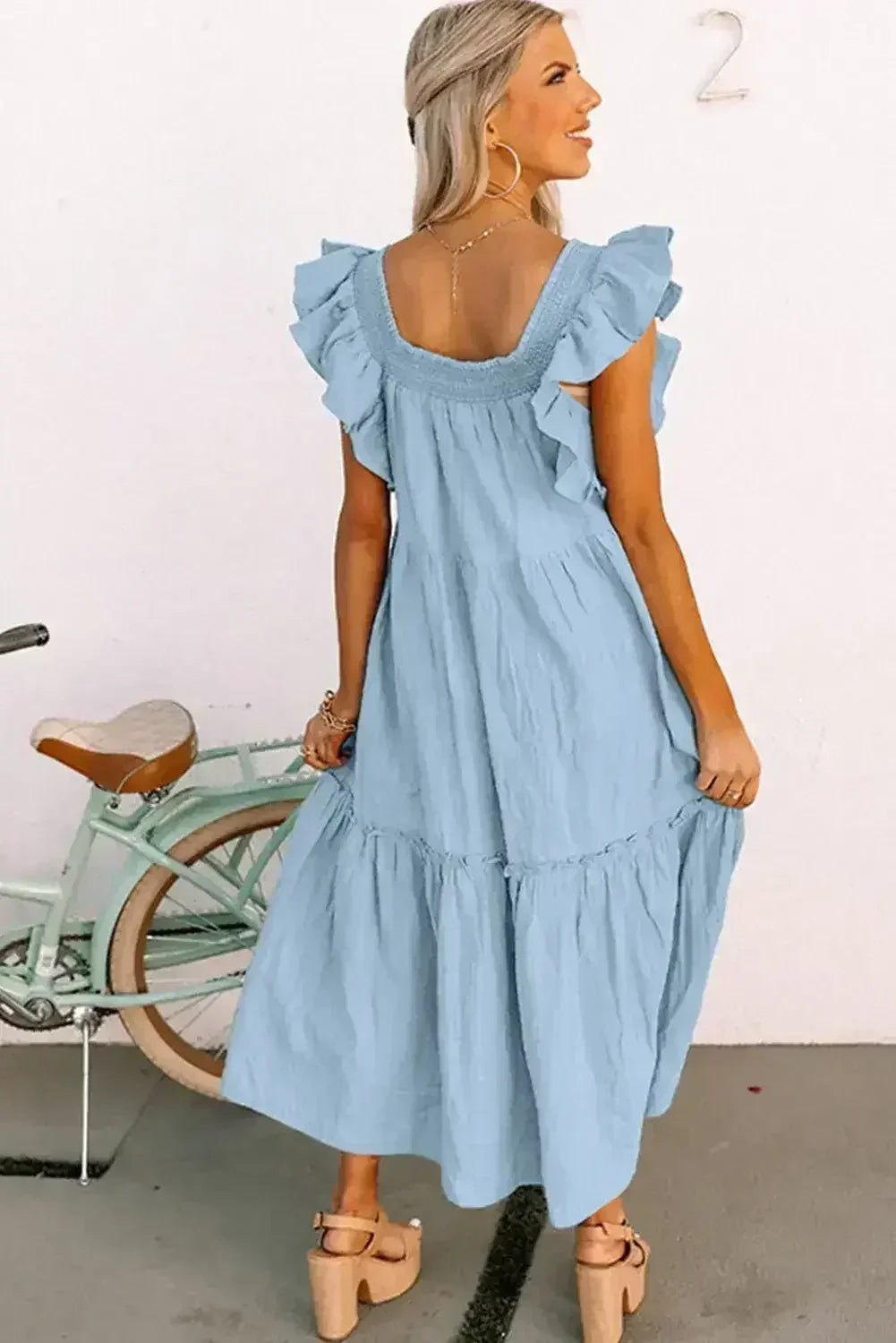 Purple Ruffled Flutter Sleeve Square Neck Textured Tiered Maxi Dress - Femstylo