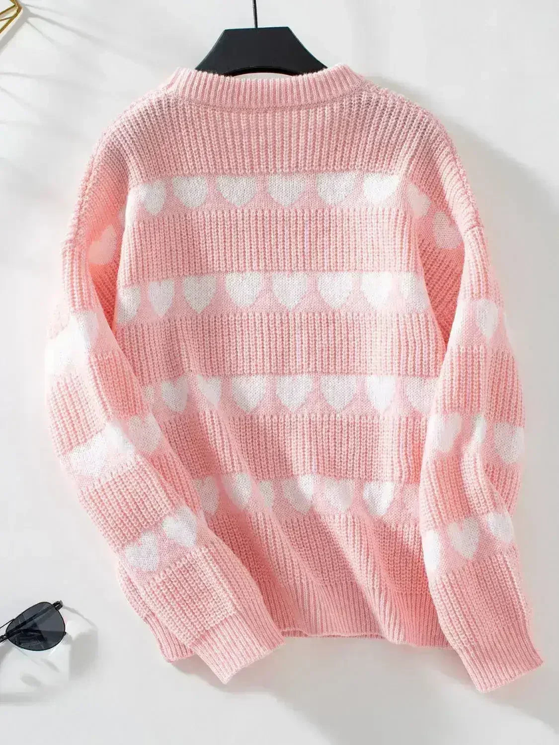 Heart Round Neck Dropped Shoulder Sweater - Femstylo
