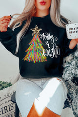 Black Merry Bright Christmas Tree Graphic Heat Transfer Printing Sweatshirt