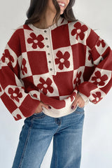 Red Dahlia Flower Colorblock Checkered Henley Sweater