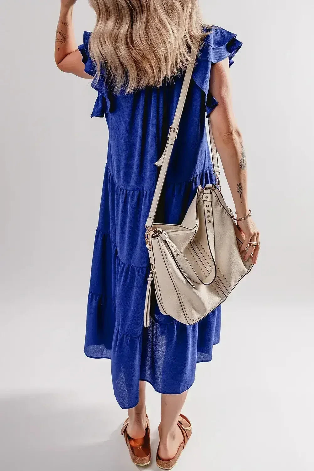 Bluing Ruffled Short Sleeve Collared V Neck Tiered Midi Dress - Femstylo