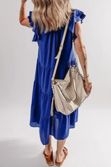Bluing Ruffled Short Sleeve Collared V Neck Tiered Midi Dress - Femstylo