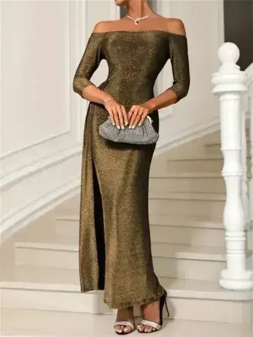Slit Off-Shoulder Long Sleeve Midi Dress - Femstylo