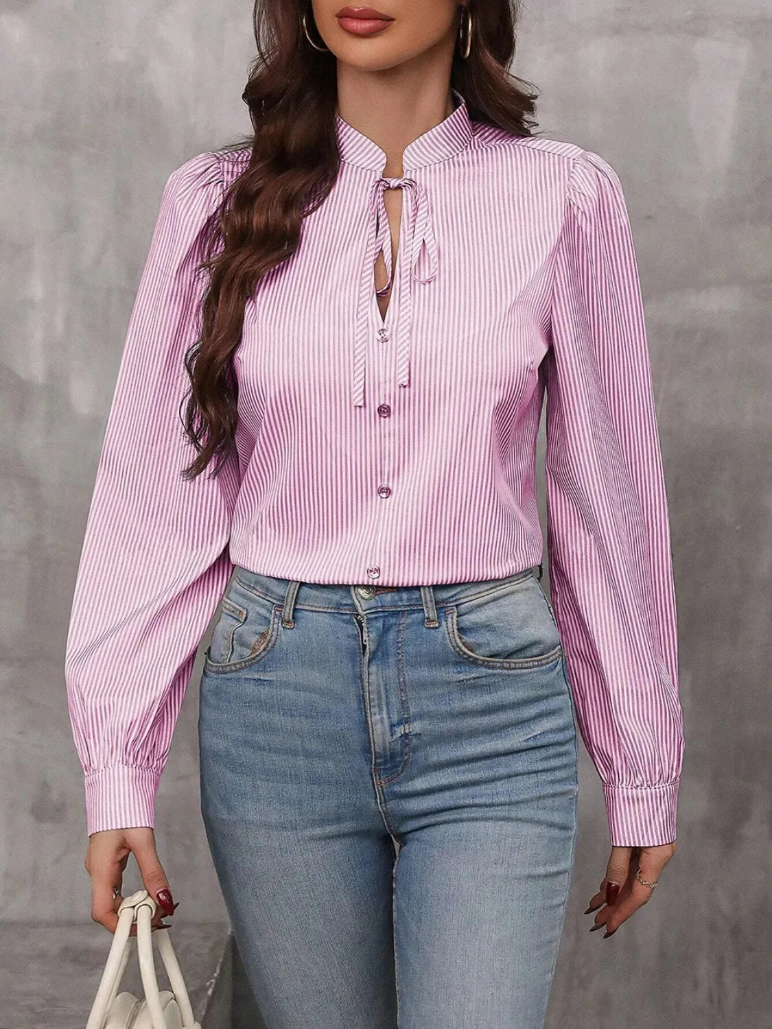 Striped Tie Neck Long Sleeve Blouse - Femstylo