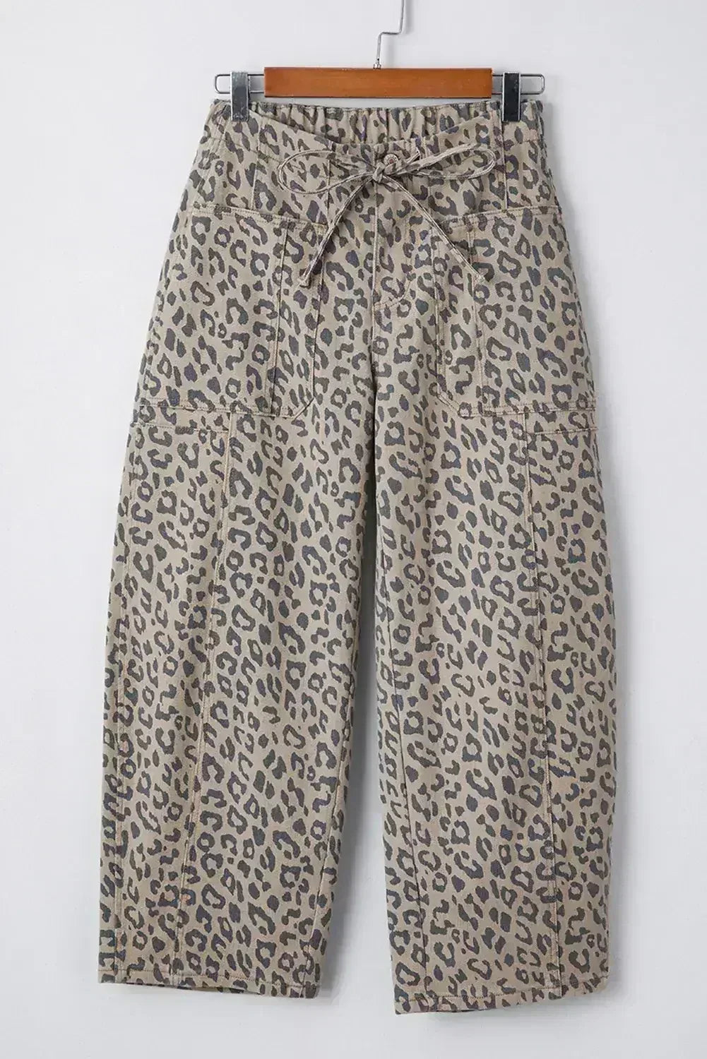 Blue Leopard Print Drawstring Waist Pocketed Wide Leg Jeans - Femstylo