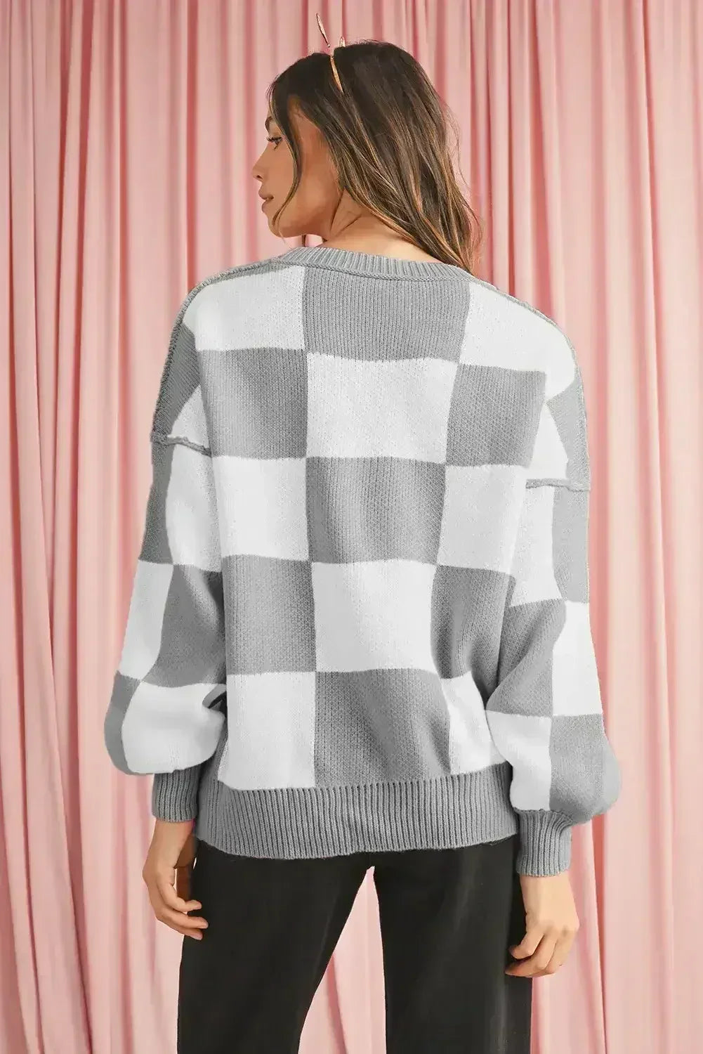 Green Checkered Bishop Sleeve Pullover Sweater - Femstylo