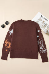 Brown Star Boots Print Cropped Knit Sweater