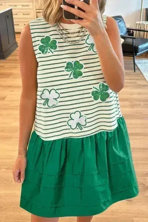 Stripe Sequin Clover Patched Contrast Mini Dress with Pockets - Femstylo