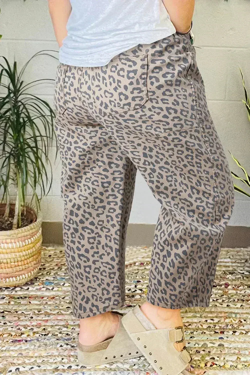 Blue Leopard Print Drawstring Waist Pocketed Wide Leg Jeans - Femstylo