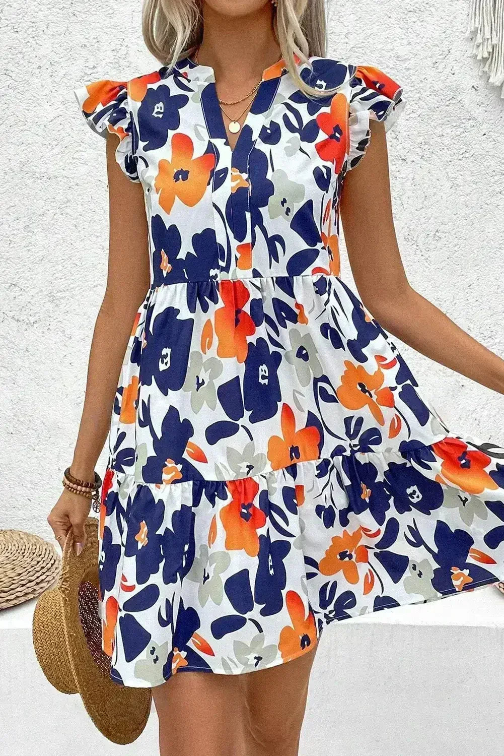 Rose Floral Print Notched Neck Flutter Sleeve Mini Dress - Femstylo