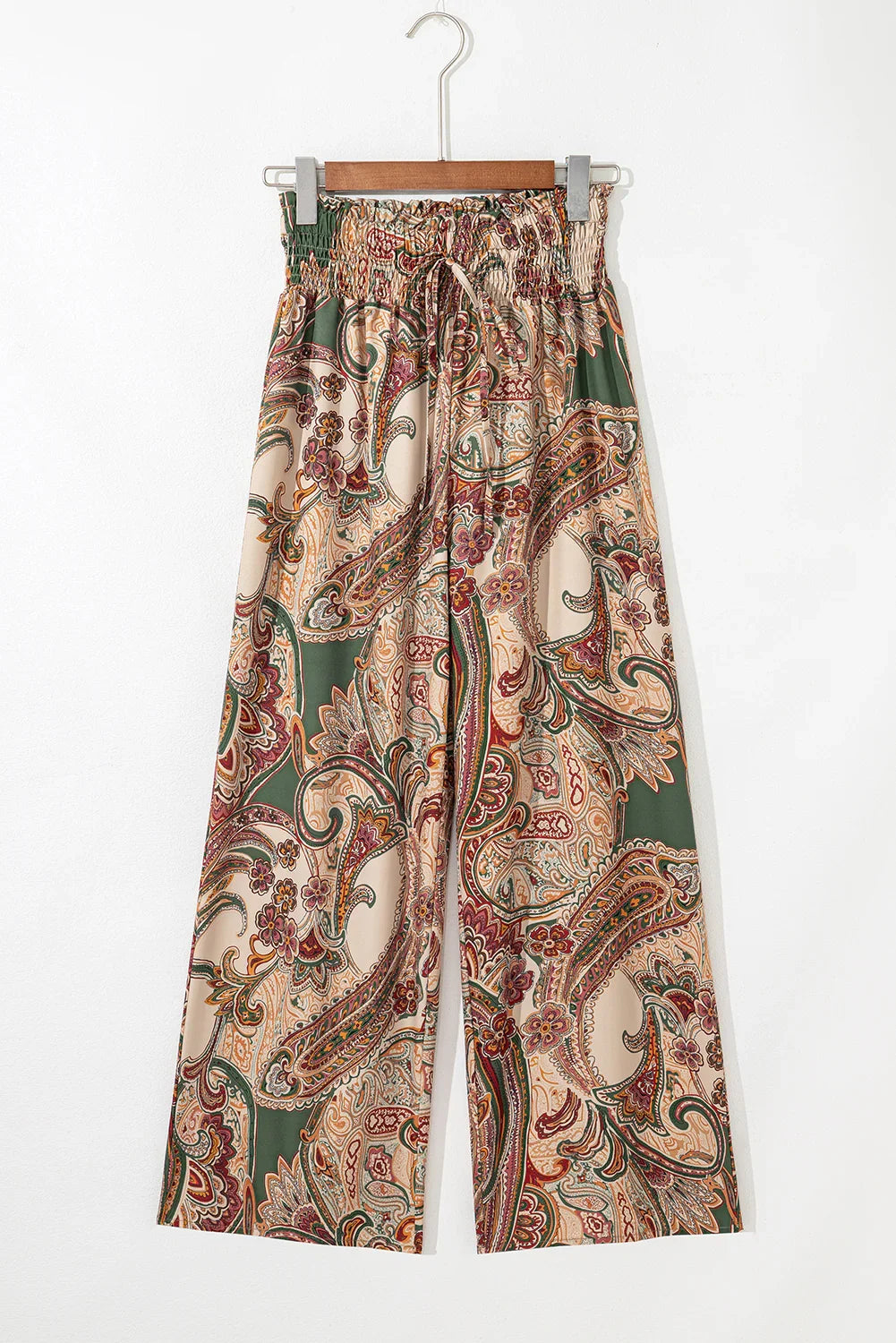 Khaki Paisley Print Boho Elastic Waist Wide Leg Pants