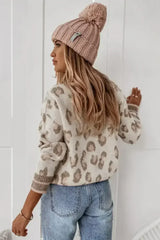Brown Two-tone Ribbed Trim Contrast Leopard Sweater - Femstylo