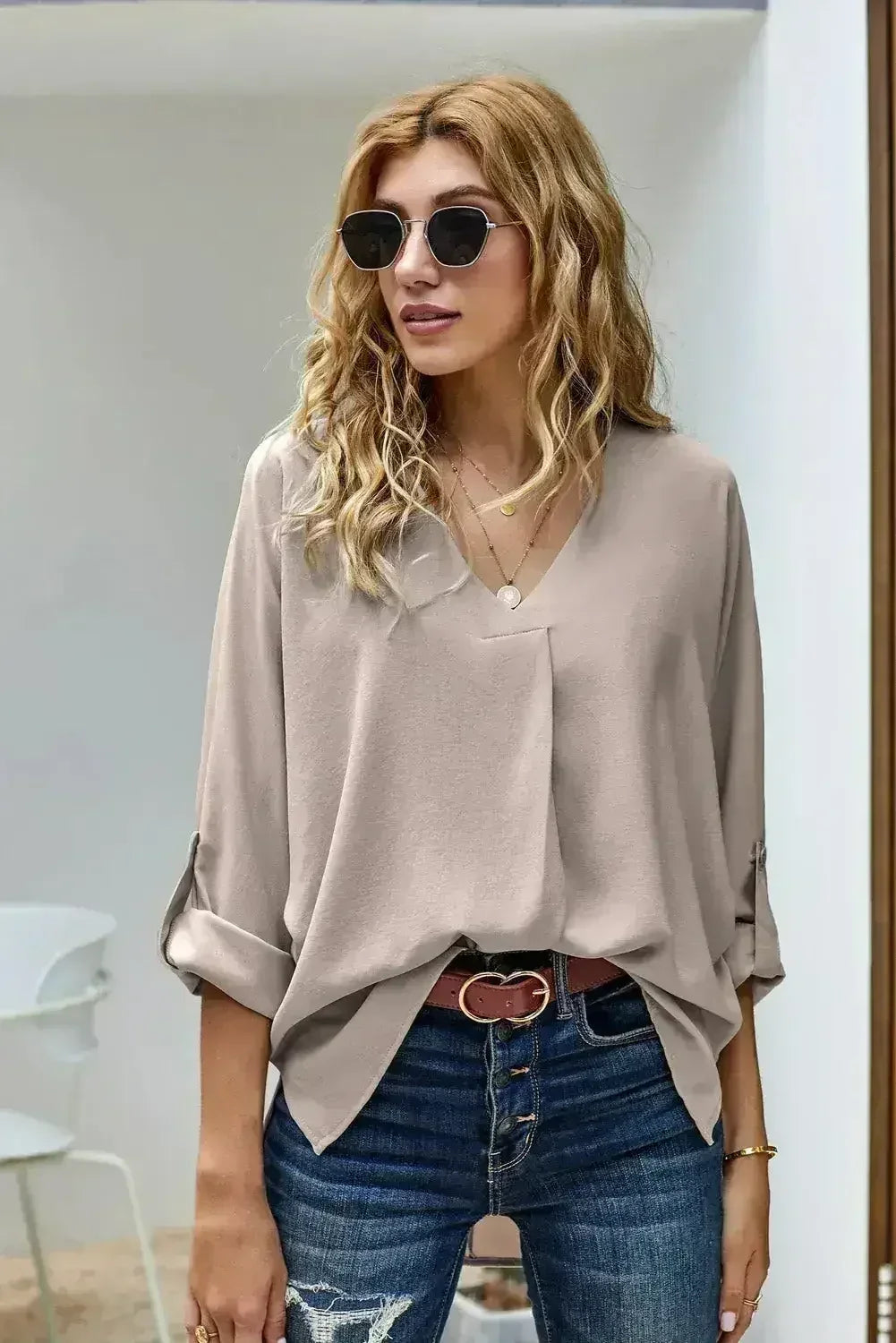 Elegant Apricot V Neck 3/4 Sleeve High Low Hem Shirt - Femstylo