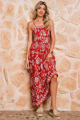 Red Floral Print Spaghetti Strap Empire Waist Maxi Dress - Femstylo