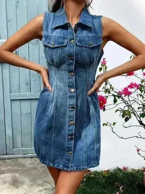 Pocketed Button Up Sleeveless Denim Dress - Femstylo