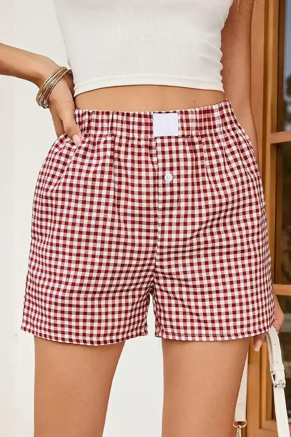 Blue Vintage Gingham Print High Waisted Loose Shorts - Femstylo