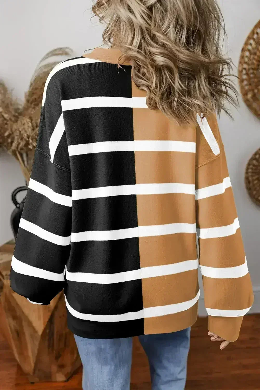 Pink Striped Patchwork Drop Shoulder Sweater - Femstylo