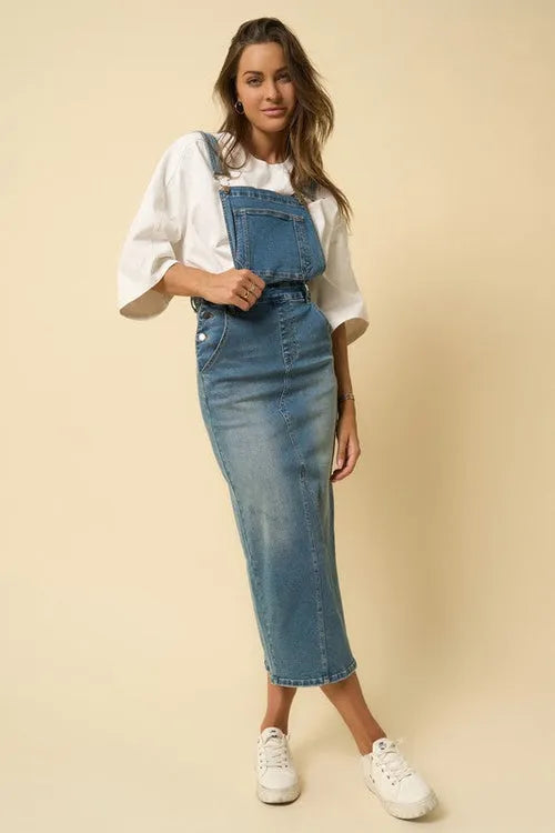 Denim Overall Skirt – Adjustable Suspenders & Side Button