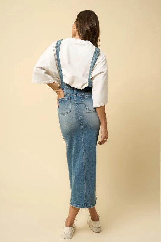 Denim Overall Skirt – Adjustable Suspenders & Side Button