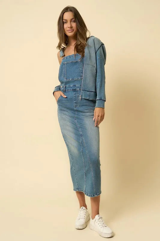 Denim Overall Skirt – Adjustable Suspenders & Side Button