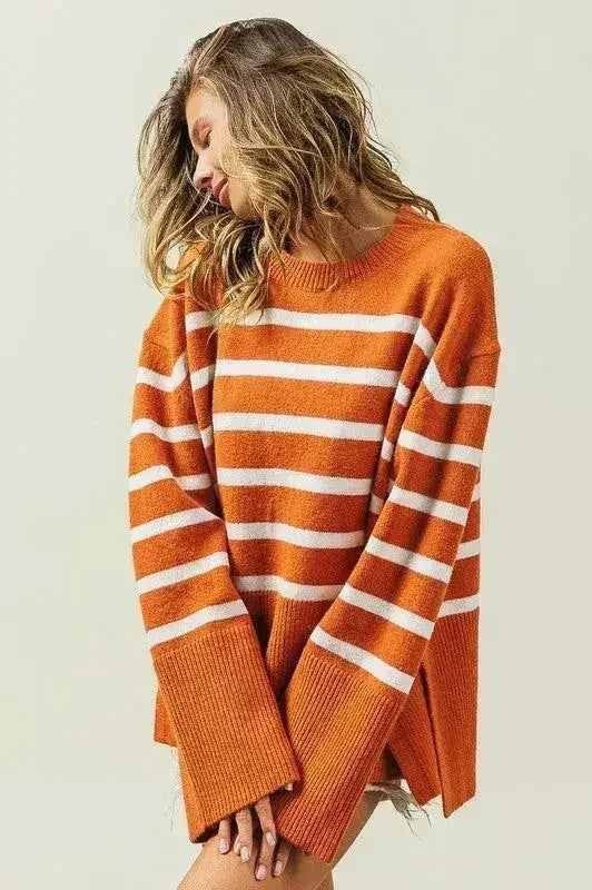 Ribbed Hem Stripe Sweater - Femstylo