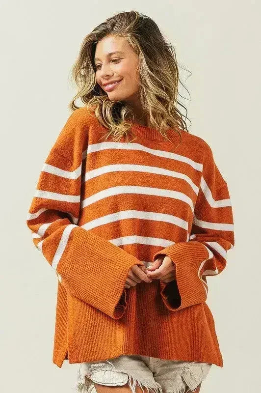 Ribbed Hem Stripe Sweater - Femstylo