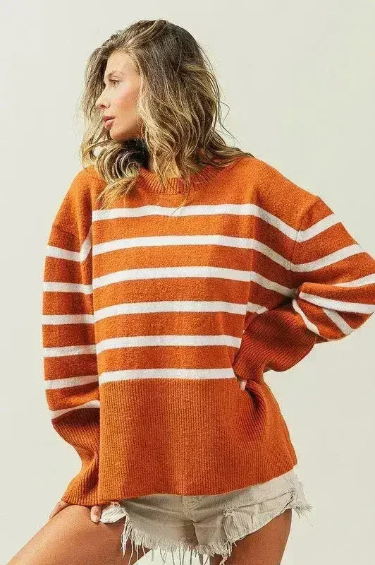 Ribbed Hem Stripe Sweater - Femstylo