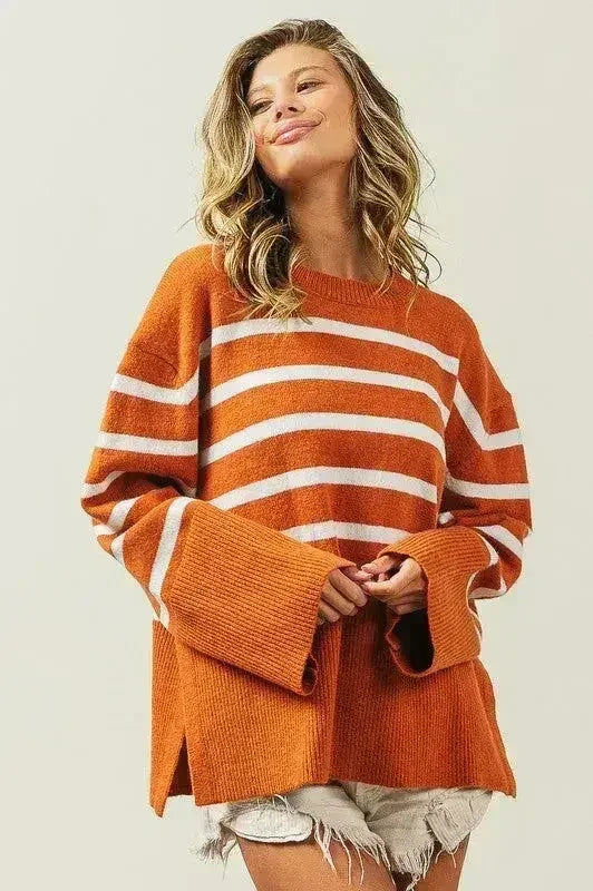 Ribbed Hem Stripe Sweater - Femstylo