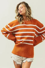 Ribbed Hem Stripe Sweater - Femstylo