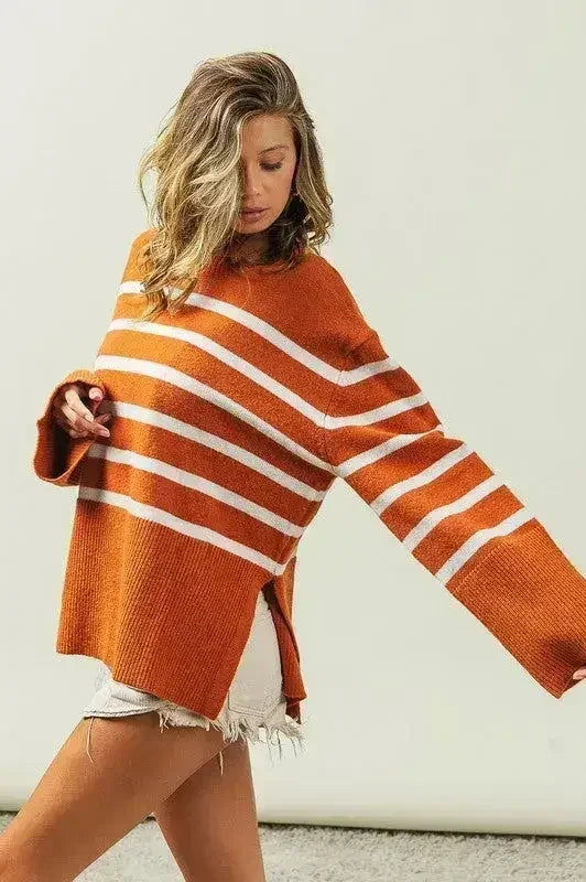Ribbed Hem Stripe Sweater - Femstylo