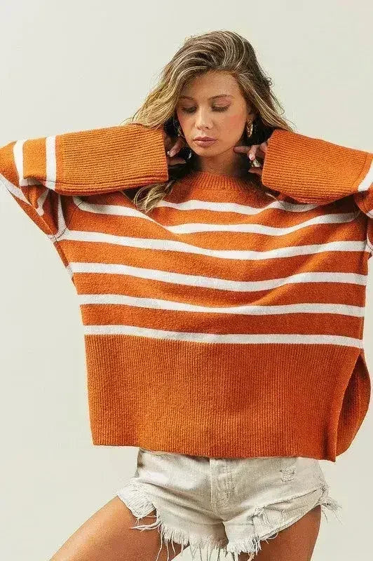 Ribbed Hem Stripe Sweater - Femstylo