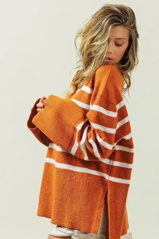Ribbed Hem Stripe Sweater - Femstylo