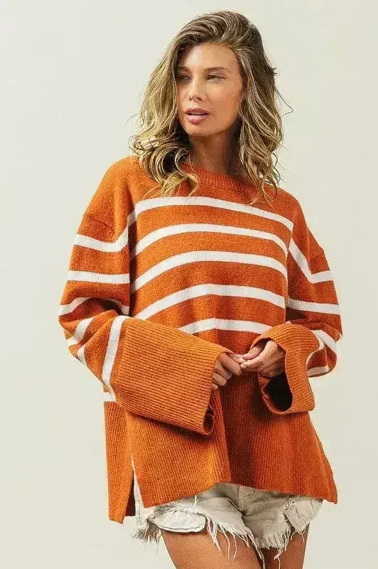 Ribbed Hem Stripe Sweater - Femstylo