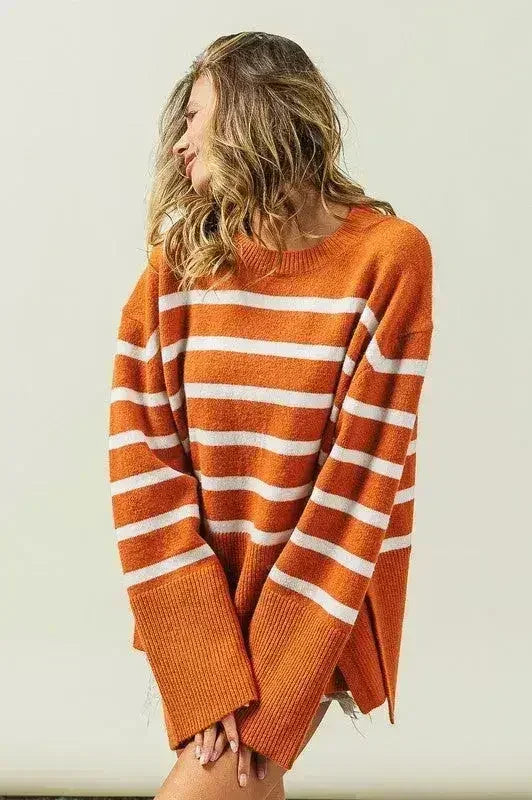 Ribbed Hem Stripe Sweater - Femstylo