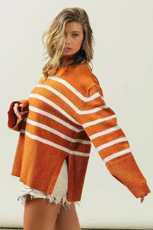 Ribbed Hem Stripe Sweater - Femstylo