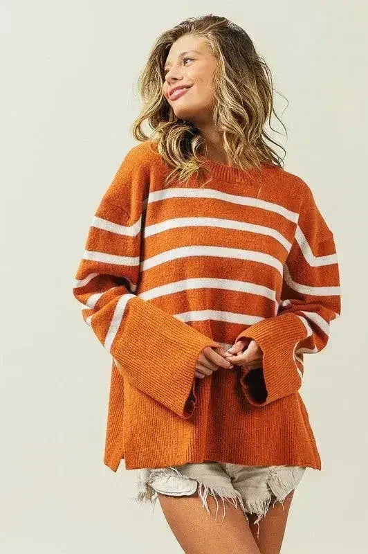 Ribbed Hem Stripe Sweater - Femstylo
