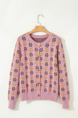 Pink Floral Button Down Ribbed Trim Knit Cardigan