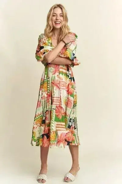 ADORA Floral V-Neck Puff Sleeve Midi Dress - Femstylo