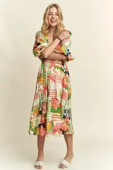 ADORA Floral V-Neck Puff Sleeve Midi Dress - Femstylo