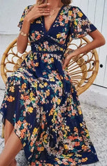 Floral print v-neck dress - Femstylo