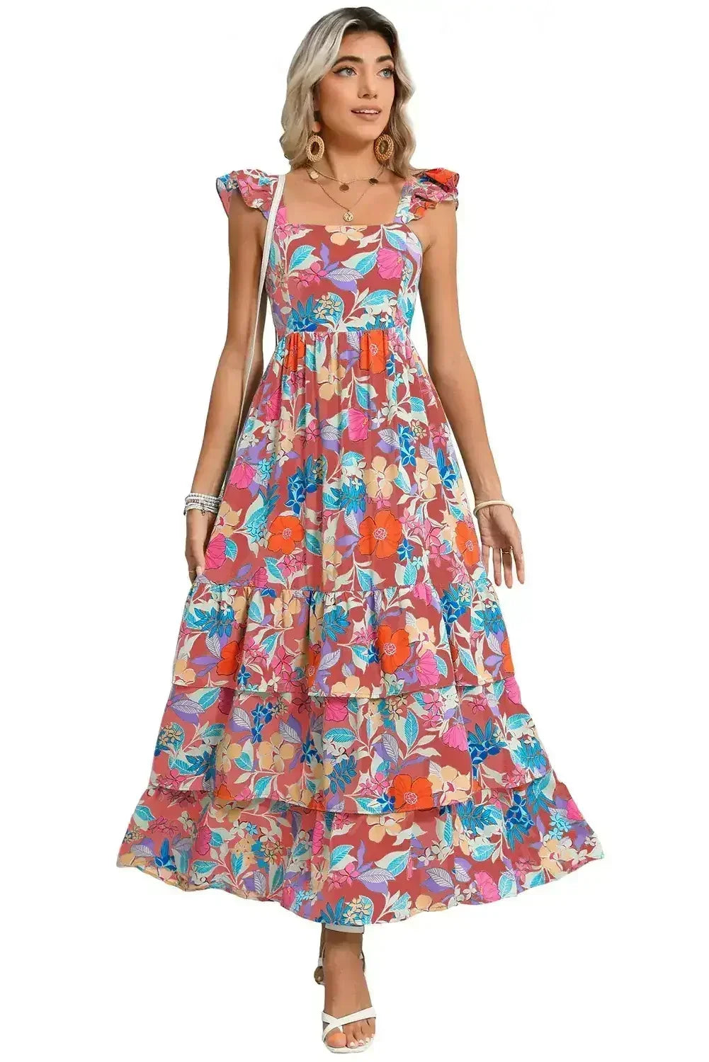 Green Boho Floral Print Ruffle Sleeveless Tiered Maxi Dress - Femstylo