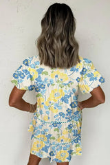 Blue Floral Print Striped Trim Puff Sleeve Mini Dress - Femstylo