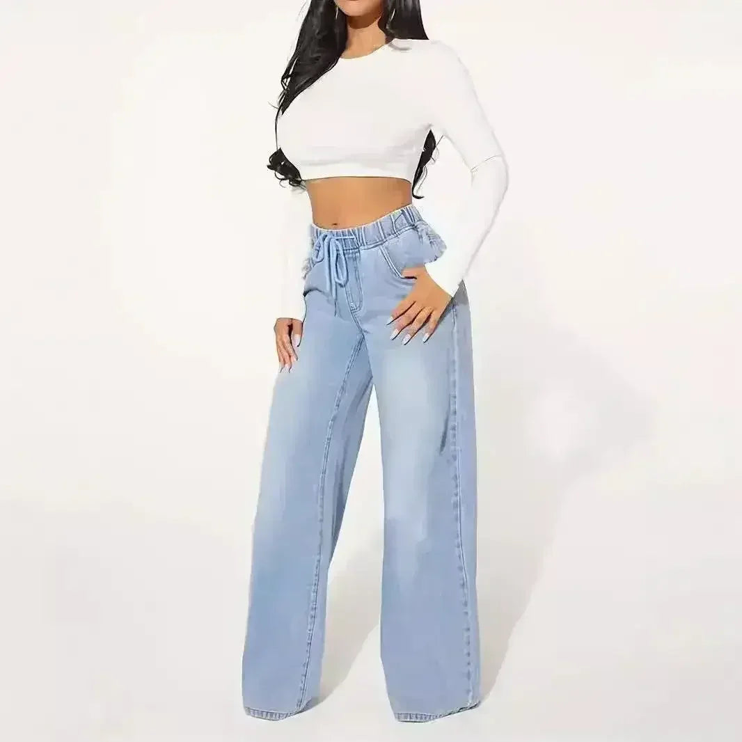 25 Edition – High Waist Drawstring Wide Leg Jeans – Light Blue - Femstylo