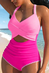 Rose Red Ric Rac Trim Colorblock Cutout One Piece Swimsuit - Femstylo