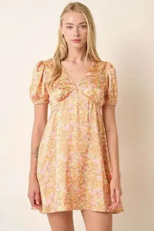 Mittoshop Printed V-Neck Puff Sleeve Mini Dress - Femstylo