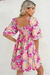 Floral Square Neck Puff Sleeve Babydoll Dress - Femstylo
