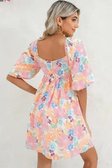 Floral Square Neck Puff Sleeve Babydoll Dress - Femstylo
