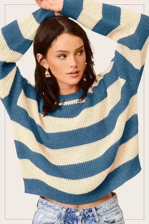 Striped Round Neck Loose Fit Sweater - Femstylo