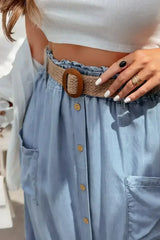 Beau Blue Buttoned Front High Waist Side Pockets Denim Maxi Skirt - Femstylo