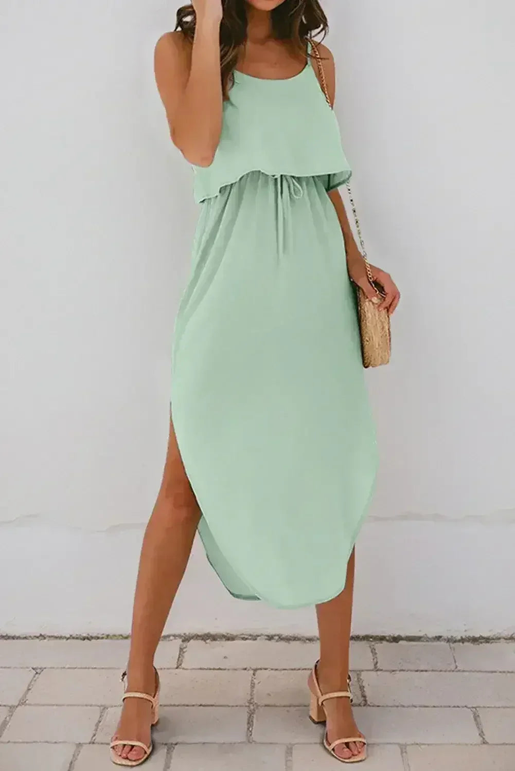 Clearly Aqua Irregular Split Spaghetti Strap Midi Dress - Femstylo